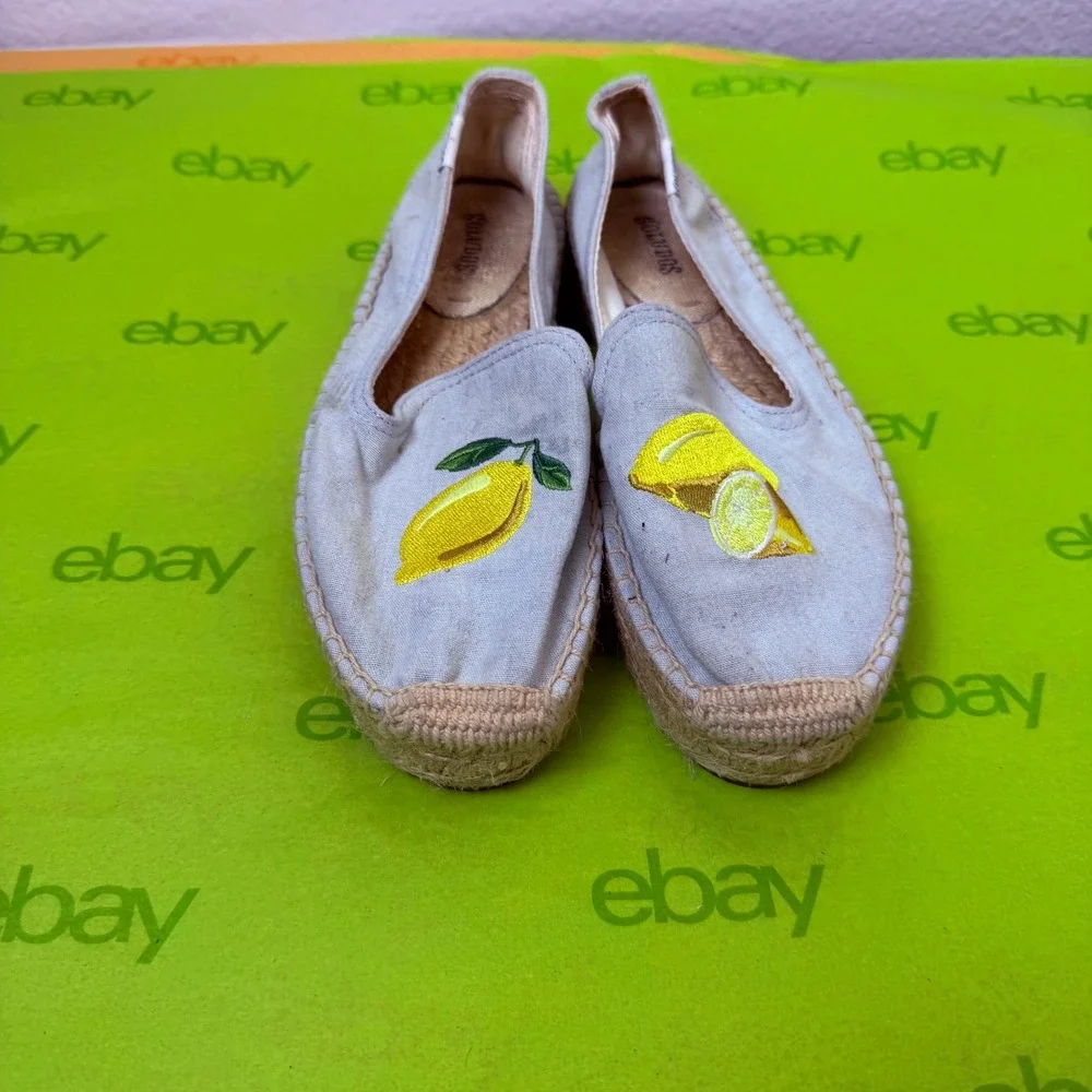 Soludos Lemon Embroidered Espadrille Loafers Womens 6‎ Blue Summer Beach Canvas